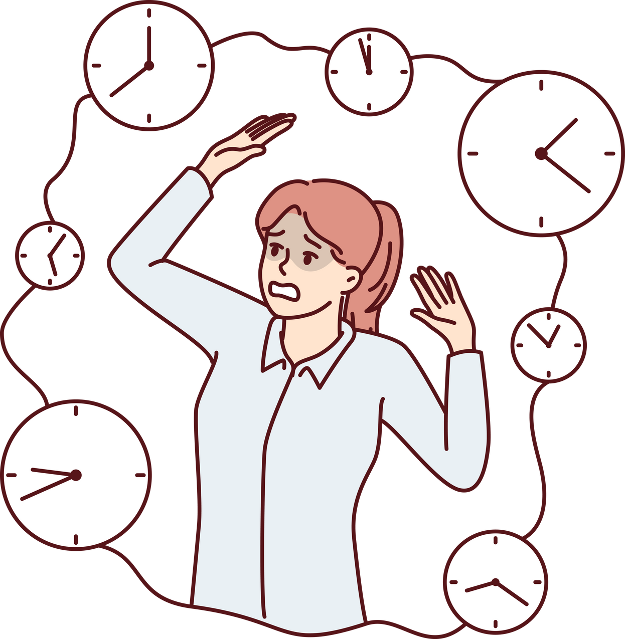 Frightened Woman Raising Hands Standing among Clocks Symbolizing Tough Deadlines. Vector Image