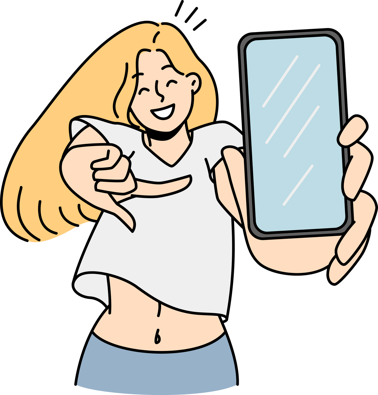 Smiling girl pointing at smartphone screen